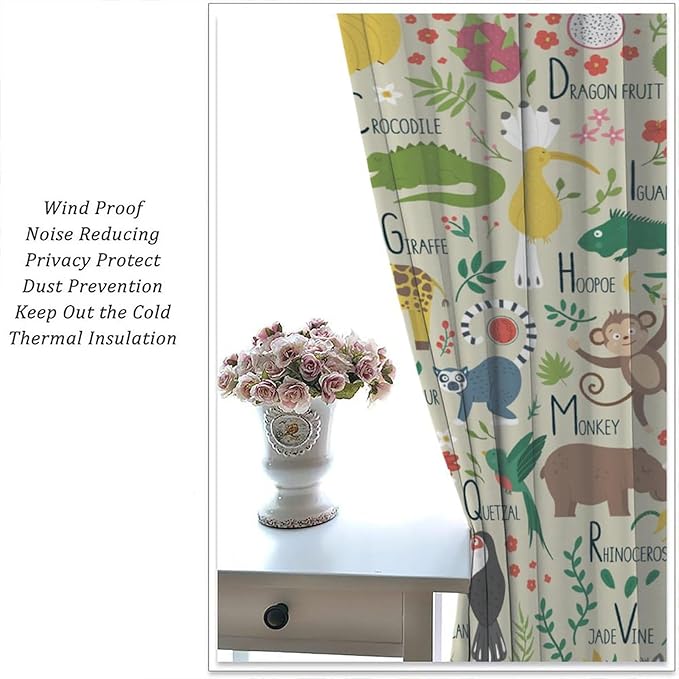 Kid Alphabet Curtains Funny Cartoon Animal Cute Educational Learning Colorful Curtain with Rod Pocket for Bedroom Living Room Decor Drapes Window Treatments 2 Panels Set 63" W X 72" L