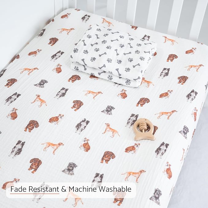 LollyBanks Muslin Crib Sheets 2 Pack, 100% Cotton Baby Crib Sheets for Boys and Girls, Soft and Breathable Neutral Baby Fitted Sheet for Standard 52"x28" Mattress, Registry (Dogs and Paws Design)