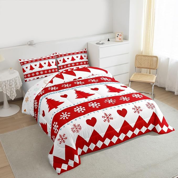 Feelyou Christmas Comforter Set Queen Size Xmas Tree Bedding Set for Kids Boys Girls Snowflake Heart Duvet Quilt Geometric Bedroom Decor Microfiber 3 Pcs with 2 Pillow Cases