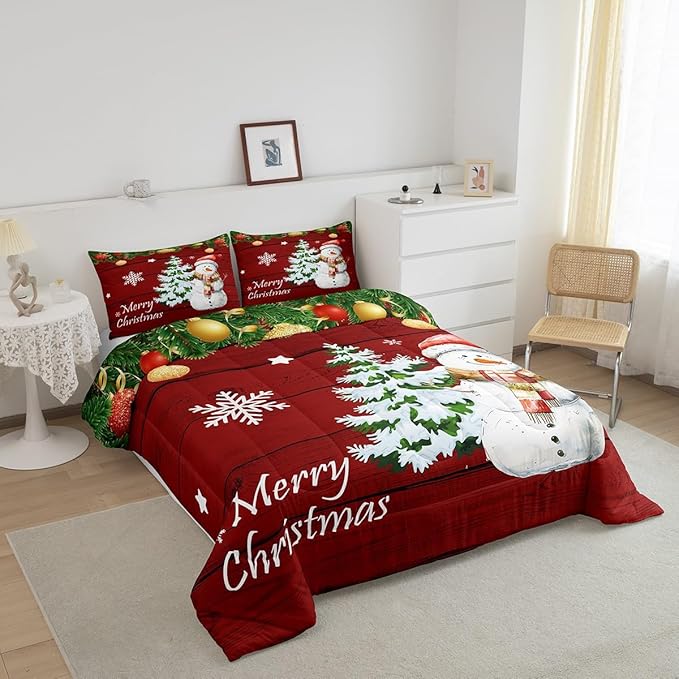 Manfei Christmas Comforter Set King Size, Cute Snowman Tree Print Quilt Set with 2 Pillowcases, New Year Theme Rustic Style Xmas Bedding Set 3pcs for Kids Boys Girls Bedroom Decor