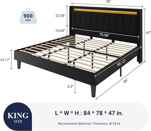 Allewie King Size LED Bed Frame with Charging Station, Velvet Upholstered Platform Bed with Geometric Wingback Headboard, Modern Frame with No Box Spring Needed, Easy Assembly, Black