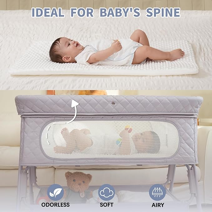 Bassinet Bedside Sleeper, Adjustable Height Baby Bassinet with Wheels, Easy Assemble & Folding Crib with Comfy Mattress, Breathable Mesh Bedside Bassinet for Infant Newborn (Grey)