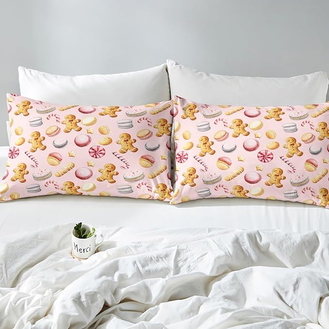 Feelyou Christmas Duvet Cover Twin Size Cute Christmas Gingerbread Man Comforter Cover for Boys Girls Xmas Sweet Macarons Bedding Set 2Pcs Reversible Pink Room Decor