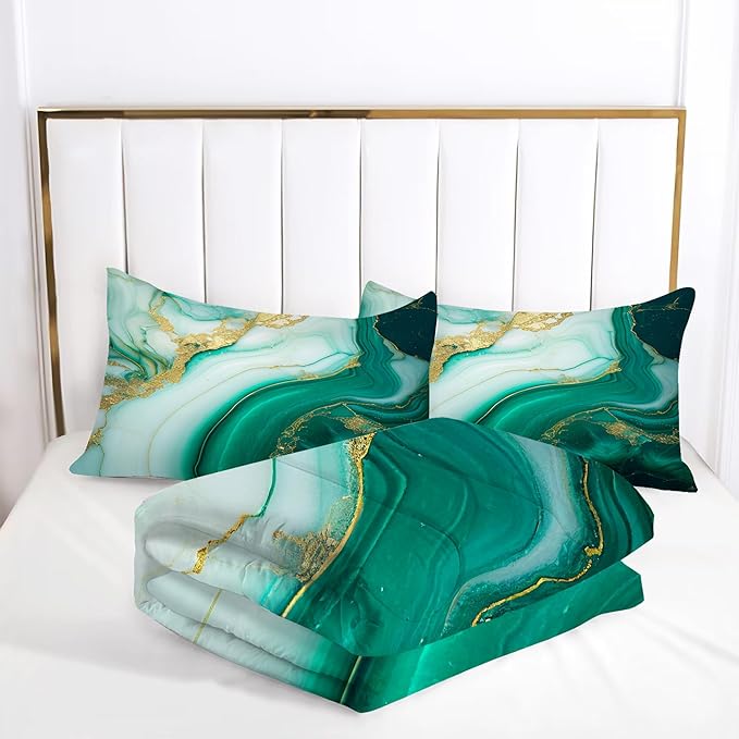 Comforter Set Green Marble: Full Size Emerald Green Gold Bedding Set for Teen Girls Kids Adults Abstract Turquoise Watercolor Marbling Quilt Bed Sets 1 Comforter & 2 Pillowcases
