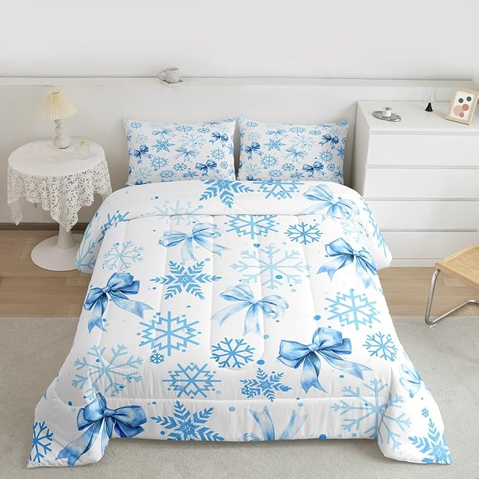 Lovely Bowknot Kids Bedding Set King Size,Dreamy Bowknot Dots Snowflake Comforter Set,Winter Merry Christmas Girly Quilt Comforter,Blue White Bedroom Duvet Insert,2 Pillowcases