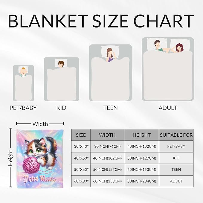 Personalized Blanket for Girls - Custom Cat Blankets for Cat Lovers - Comfy Plush Kitten Theme Stuff Gifts for Sofa, Living Room