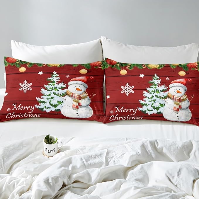 Manfei Christmas Duvet Cover Set Twin Size, Cute Snowman Tree Print Comforter Cover with 1 Pillowcase, New Year Theme Rustic Style Xmas Bedding Set 2pcs for Kids Boys Girls Bedroom Decor,No Comforter