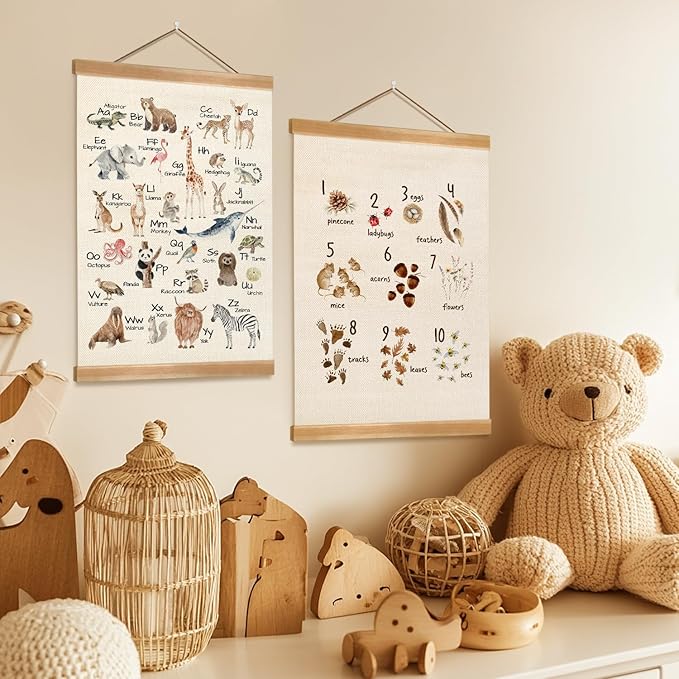Alphabet Numbers Poster Set of 2, Children's Room Wall Art, Animal Numbers&ABC Banner Poster, Letter Banner Wall Hanging Decor for Toddler Room,Playroom,Nursery 12x16inch(Forest Animals 123&ABC)