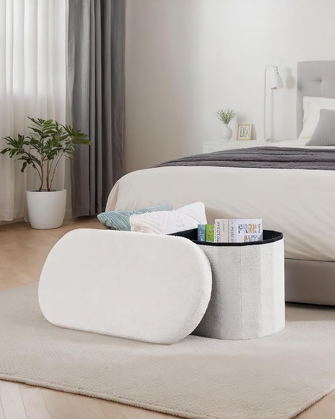 30" Oval Foldable Ottoman with Storage, Teddy Boucle Fabric Footrest, Storage Bench for Living Room, Bedroom, Entryway, Dorm, White