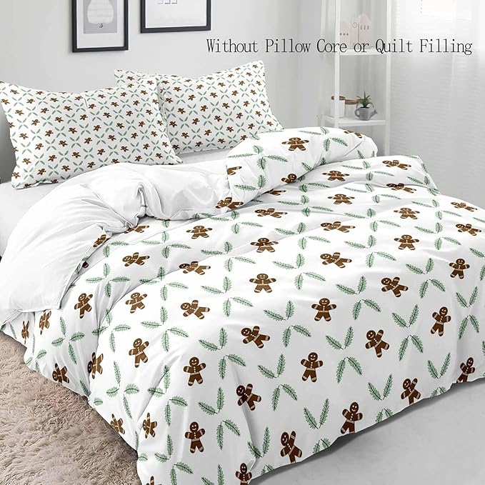 LUVIVIHOME 3PCS Gingerbread Man Duvet Cover Full Bedding Set, White Duvet Cover, Teens Boys Girls Kids Bedding, Green Plant Pine Picks Leaves Winter Holiday Christmas Comforter Cover, 2 Pillow Shams