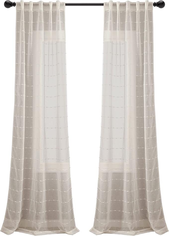 Lush Decor Farmhouse Textured Back Tab/Rod Pocket Sheer Window Curtain Panel Pair, 38"W x 84"L, Beige