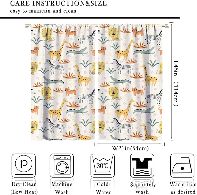 Wild Animals Curtains, Cute Cartoon Animals Zoo with Lion Zebra Crocodile Cat and Giraffe Tropical Jungle Plant Print Window Treatments for Kids Boys Girls Bedroom Living Room 42x45 Inch