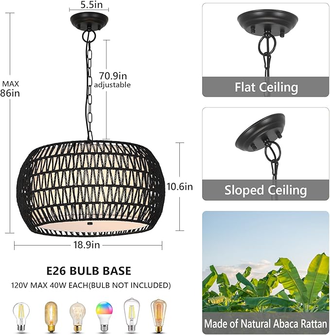 Farmhouse Chandeliers for Dining Room,5-Lights Rattan Boho Chandelier Light Fixture,Black Woven Dining Room Light Fixture with Fabric Shade,Modern Hanging Pendant Lighting for Kitchen Island Bedroom