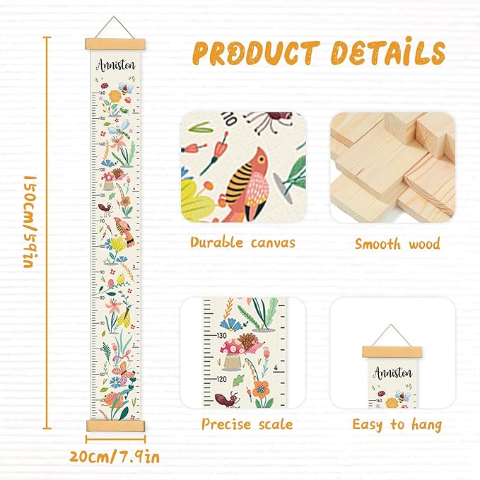 Personalized Name Growth Chart Wall Decor for Kids – Canvas Removable Height Chart Measuring Ruler 59" x 7.9" (Flower Birds)