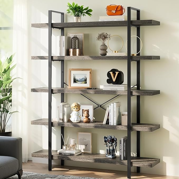 Bookcase, 47 Inch Wide Wood Bookshelf, 120lbs Shelf Capacity Estante, Rustic Open Shelving Industrial Display with Reinforced Horizontal Shelves for Living Room Bedroom Office (5 Tier - Grey)