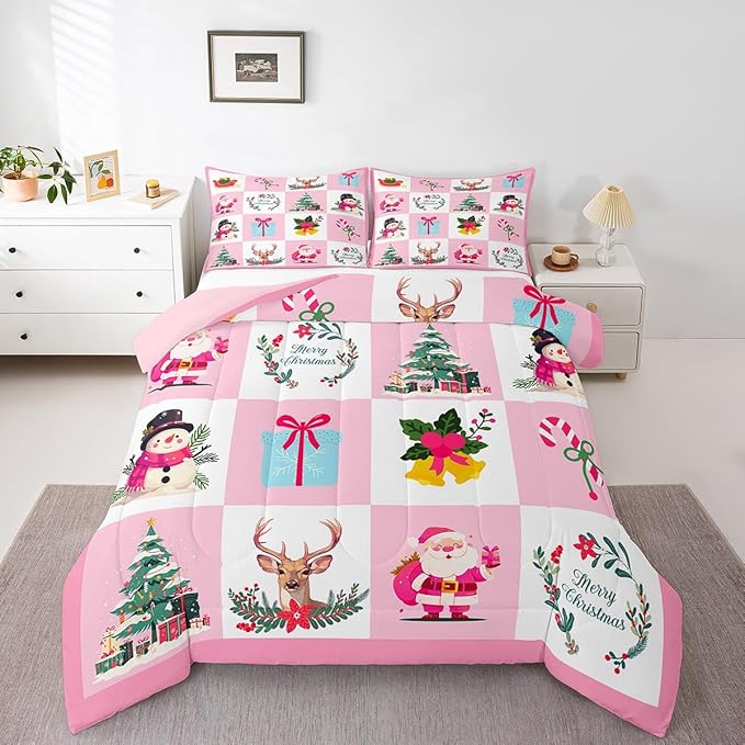 Erosebridal Merry Christmas Comforter Set for Kids Christmas Tree Quilt Queen Size with 2 Pillow Cases Santa Claus Xmas Decor Bedding Set Kawaii Snowman Bedding Comforter Sets,Pink
