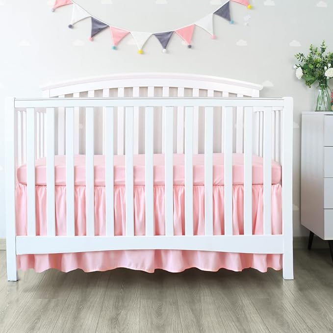 Crib Skirt Pleated Dust Ruffle Pink Nursery Room Decor for Girls Boys Crib Toddler Bedding 14" Drop fit Standard Crib Toddler Bed Skirts Machine Washable