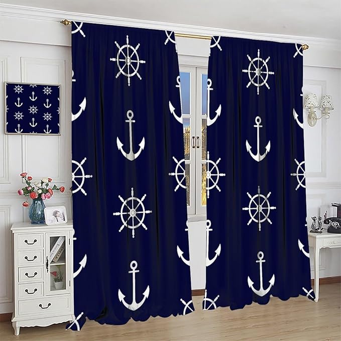 Nautical Rudder Curtains,MarineThemed Oceanic Anchor Pattern Blackout Print Home Bedroom Living Room Window Treatments 2 Panel Set 84x84 Inch