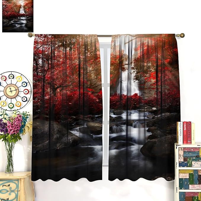 Nature Waterfall Blackout Curtains, Autumn Waterfall Romantic Forest Landscape Print Rod Pocket Window Drapes, for Bedroom Living Room 42" W X 54" L