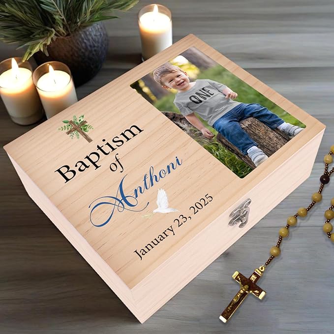 Personalized Pine/Walnut Keepsakes Baptism Gifts Wooden Box, 8 * 6 * 3 Walnut Wooden Boxes First Communion Gifts for Boys/Girls, Personalized Wood Storage Engraved Keepsake Box for Baptism