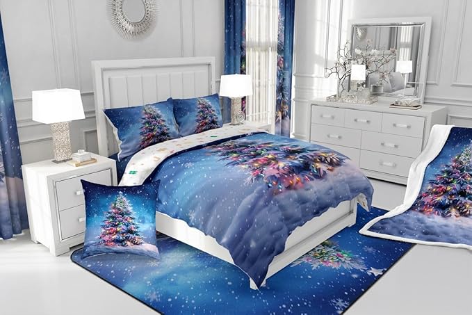 Feelyou Christmas Comforter Set All Season Xmas Tree Bedding Set with 2 Pillow Cases Colored Light Strips Microfiber Kids Full Bedclothes Snowflake Bedroom Decor Duvet Quilt Breathable Soft