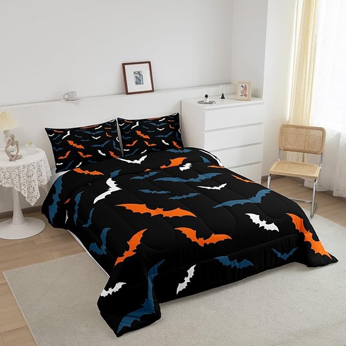 Erosebridal Bat Bedding Set for Kids Adults Boys Girls Happy Halloween Comforter Set Queen Size Gothic Spooky Quilt Orange Bats Duvet Insert with 2 Pillow Cases