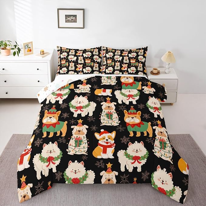 Castle Fairy Cute Puppy Dog Animal Twin Size Comforter Set,Christmas Pets Quilt Set Soft Bed Collection,Merry Christmas Theme Bedding Comforter for Boys Girls Room Decor,2 Pcs