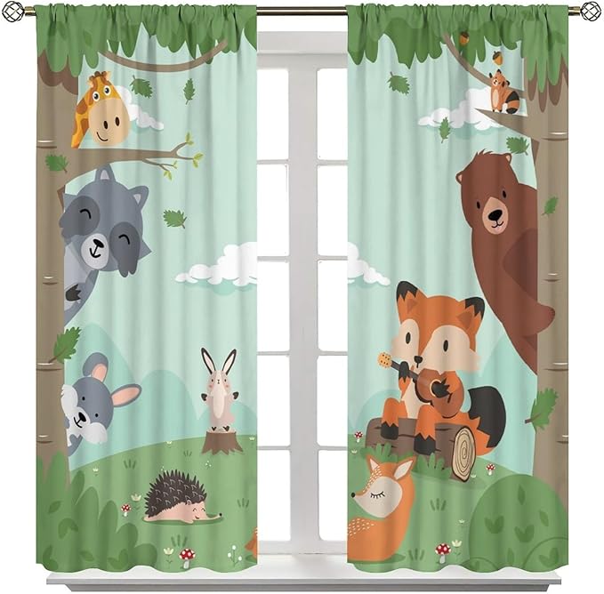 Forest Animals Curtains Colorful Forest Cartoon Cute Fox Bear Giraffe for Kids Boys Girls Nursery Bedroom Living Room Blackout Rod Pocket Decoration Window Drapes 2 Panels W42xL84in