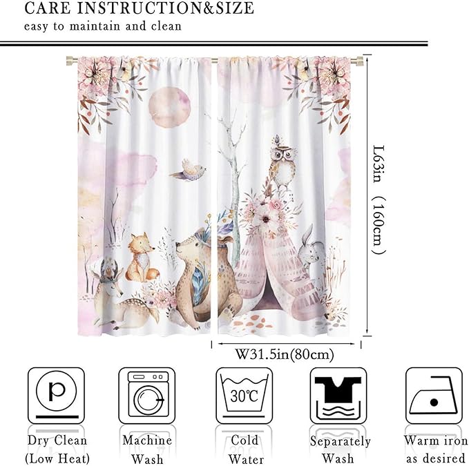 Forest Animal Curtains for Kids, Pink Watercolor Woodland Animal Window Treatments Fox Deer Owl Wildlife Safari Jungle Bear Window Drapes for Girls Nursery Toddler Bedroom 63x63in