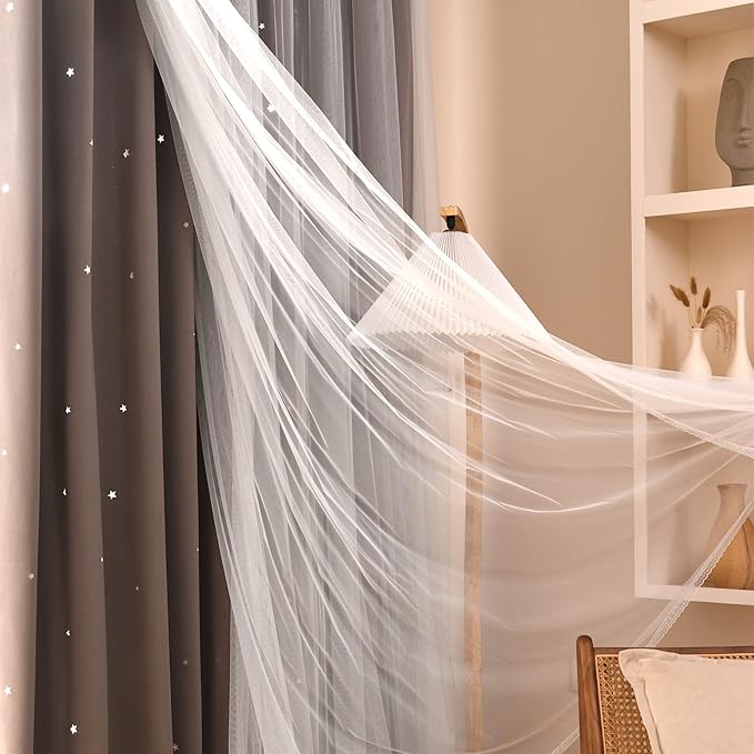 Kinryb Kids Blackout Curtains for Bedroom/Living Room/Classroom, Sheer Overlay 2 Free Tiebacks, Double Layer Curtains with Star Cutout for Kids Room(Each Piece W 70 x L 63 Inches 2 Pcs Coffe)