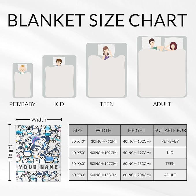 Custom Penguin Throw Blanket for Teens - 50" x 60" Inches Cute Penguin Blanket Gift for Girls - Blue Soft Cozy Throws for Couch, Bed & Travel