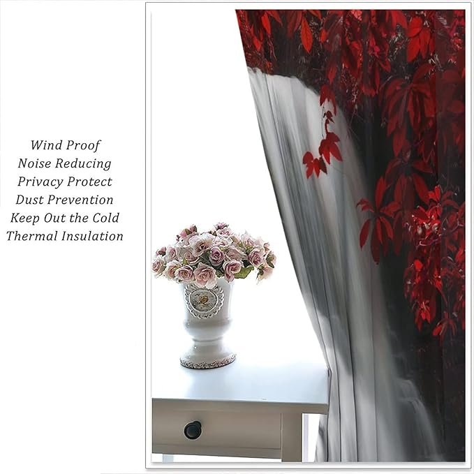 Red Forest Waterfall Blackout Windows Curtains, Waterfall Red Forest Black and Red Natural Landscape Print Window, for Living Room Bedroom 55x63in 2 Panels