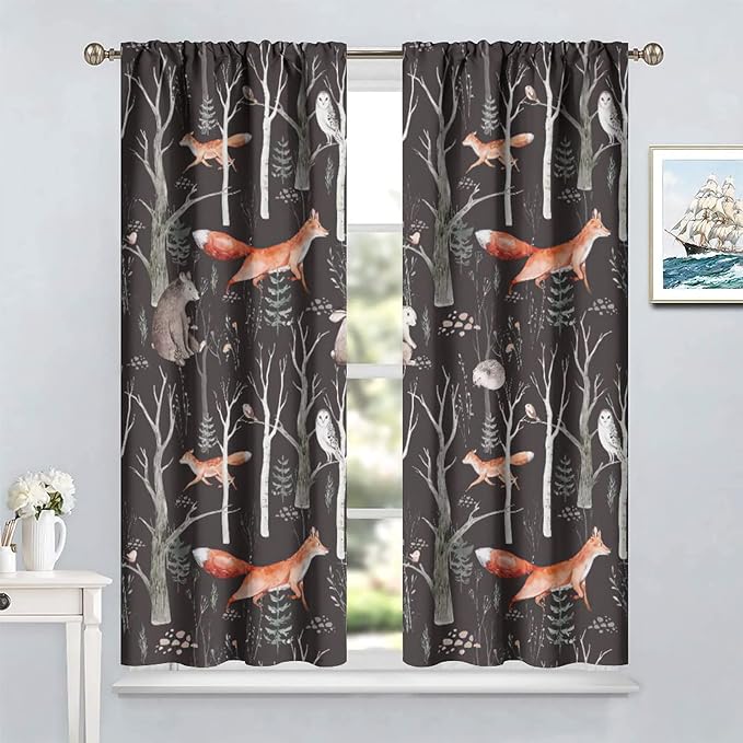 Rustic Forest Curtain, Woodland Country Hunting Animal Deer Fox Wildlife Bear Farmhouse Lodge Cabin Blackout Rod Pocket Windows Door Curtain for Bedroom Living Room Home Decor 42x63in