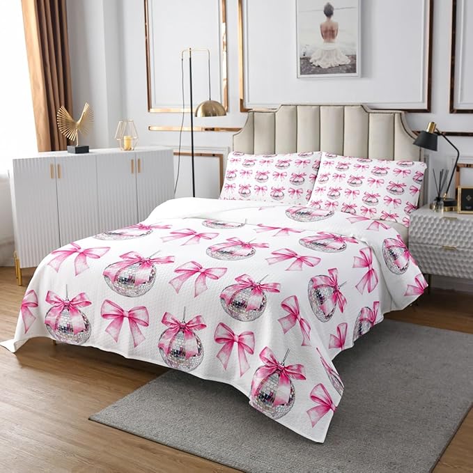 Cartoon Bowknot Kid Bedspread Twin Size,Bow Tie Butterfly Knot Princess Coverlet Set,Girls Women Room Decor,Western Cowgirl Disco Ball Retro Quilted Coverlet,Pink White Bedding Quilt,1 Pillowcase