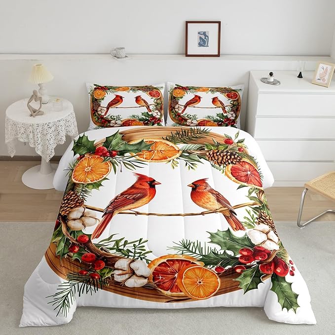 jejeloiu Kids Red Cardinal Comforter Set Twin Size Christmas Theme Bedding Set for Boys Girls Teens Xmas Birds Animal Lemon Winter Wood Duvet Quilt Room Decor