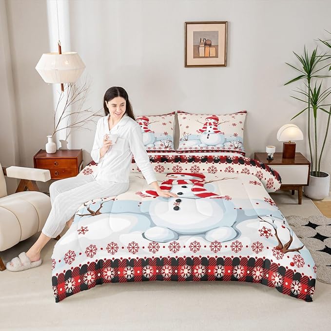 Kids Snowman Christmas Comforter Set Twin Size,Snowflake Romantic Bedding,Girls Boys Adults Bedroom/Xmas Cabin Decor,Geometric Grid Lattice Down Comforter,Rustic Farmhouse Duvet Insert,1 Pillowcase