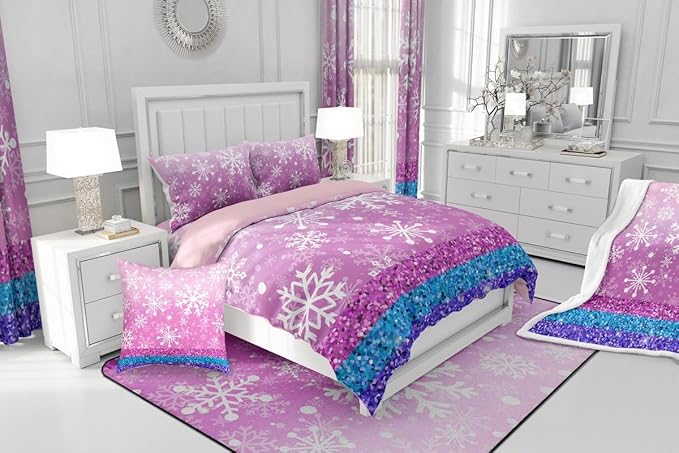 Feelyou Pink Snowflake Comforter Set Twin Size Winter Snowflake Bedding Set for Kids Boys Girls Christmas Duvet Quilt Glitter Print Bedroom Decor Microfiber 2 Pcs with 1 Pillow Cases
