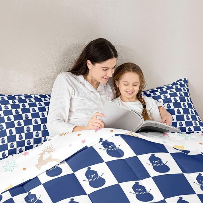 Feelyou Christmas Comforter Set All Season Checkered Bedding Set with 2 Pillow Cases Snowman Kids Full Bedclothes Xmas Decorations Bedroom Decor Blue Duvet Quilt Breathable Soft Lightweight