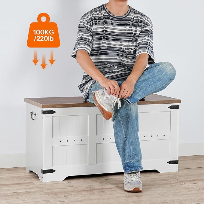 HOOBRO Toy Box, Storage Bench with Safety Hinges, Wooden Toy Chest, 39.4" Farmhouse Storage Chest, for Entryway, Bedroom, Living Room, White and Walnut WH507CW01