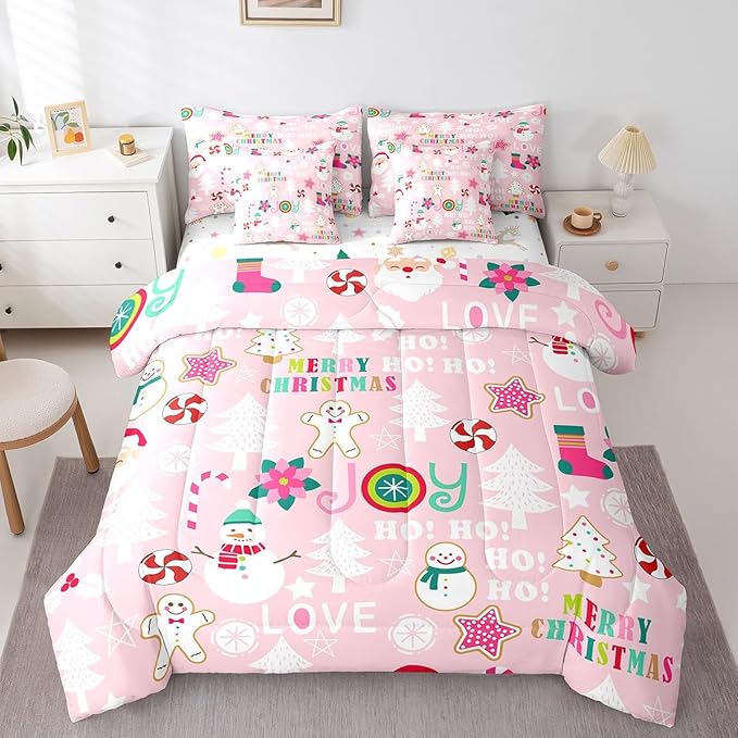 Christmas Kids Bedding Set Cartoon Snowman Gingerbread Man Comforter Set with Sheets for Boys Girls Christmas Tree Decor Bed in a Bag Pink Xmas Theme Bed Set 7Pcs Queen Size