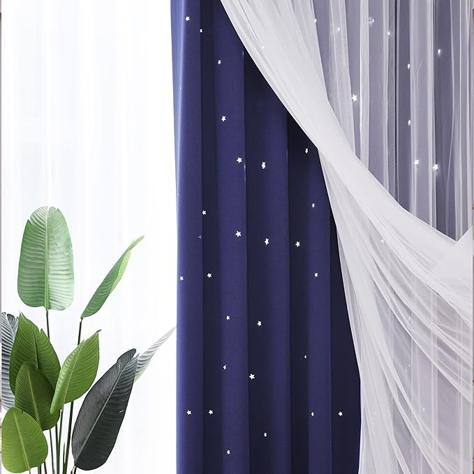Kinryb Kids Star Cutout Curtains for Bedroom/Living Room/Classroom,2 Free Tiebacks Sheer Overlay 2 Panel Set, Double Layer Curtains for Kids Room(Each Piece W70xL72 Inches 2 Pcs Navy Blue)