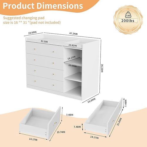 47.2" White Nursery Dresser with 5 Drawers and 3 Open Shelves Changing Table Dresser with Changing Table Top Diaper Changing Station with Storage for Nursery Children's Room