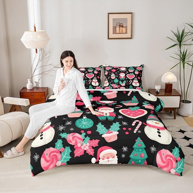 Feelyou Christmas Decor Comforter Set Toddler Size Pink Santa Claus Bedding Set for Kids Boys Girls New Year Gift Duvet Quilt Snowman Bedroom Decor Microfiber 2 Pcs with 1 Pillow Cases