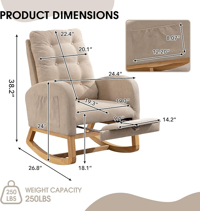 NIOIIKIT Nursery Rocking Chair, Linen Upholstered Glider Chair with Footrest, Tufted Rocker Recliner with Side Pocket, Comfy Recliner Glider, Accent Chair for Living Room (Cream Linen)