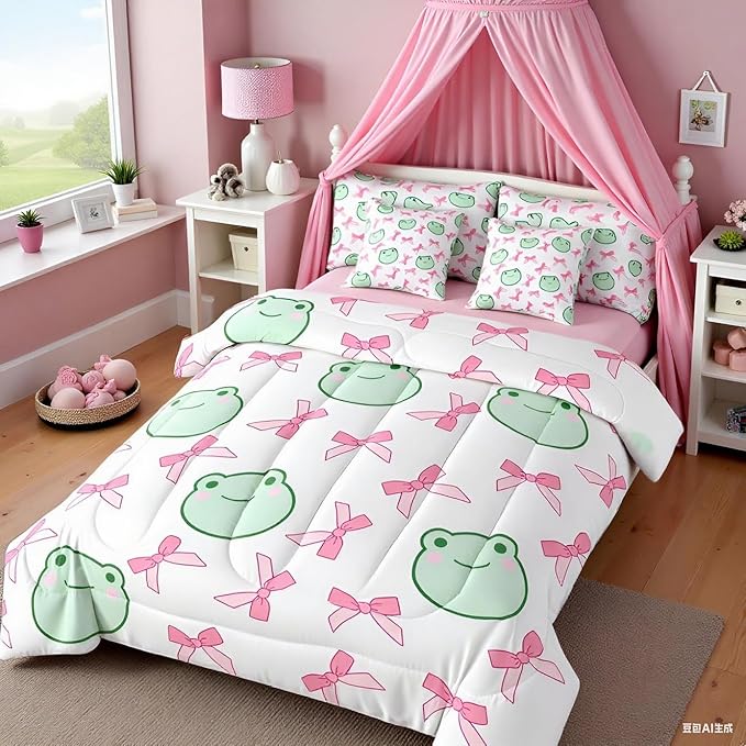 7 Pieces Pink Bowknot Comforter Set Twin,Cartoon Frog Bow Tie Butterfly Knot Princess Bedding Set,Geometric Patchwork Cute Sweet（Comforter+Fitted+Flat Sheet+2 Pillowcases+2 Throw Pillow Covers）