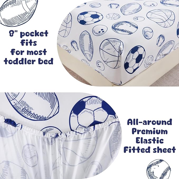 LONAVA Toddler Kids Comforter Set - 4 Pieces Toddler Bedding Sets for Boys Girls Children, Ultra Soft Microfiber Bed in A Bag with Flat Fitted Sheets, Ball Sports