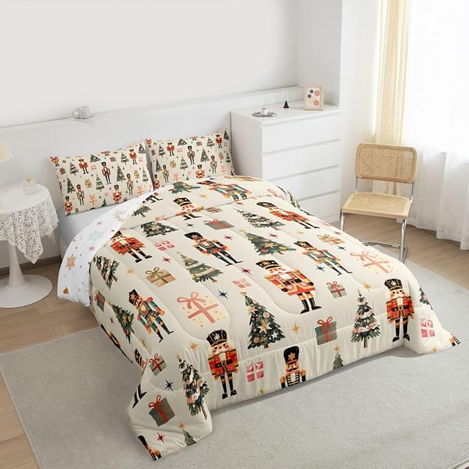jejeloiu Xmas Nutcracker Comforter Set Queen Size Christmas Beige Bedding Set for Kids Boys Girls Cute Snowflakes Duvet Quilt Bedroom Decor