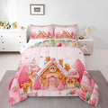 jejeloiu Kids Christmas Theme Comforter Set Queen Size Cute Deer Gingerbread Man Bedding Set for Boys Girls Teens Pink Xmas Tree Candy House Winter Snowflake Duvet Quilt Room Decor