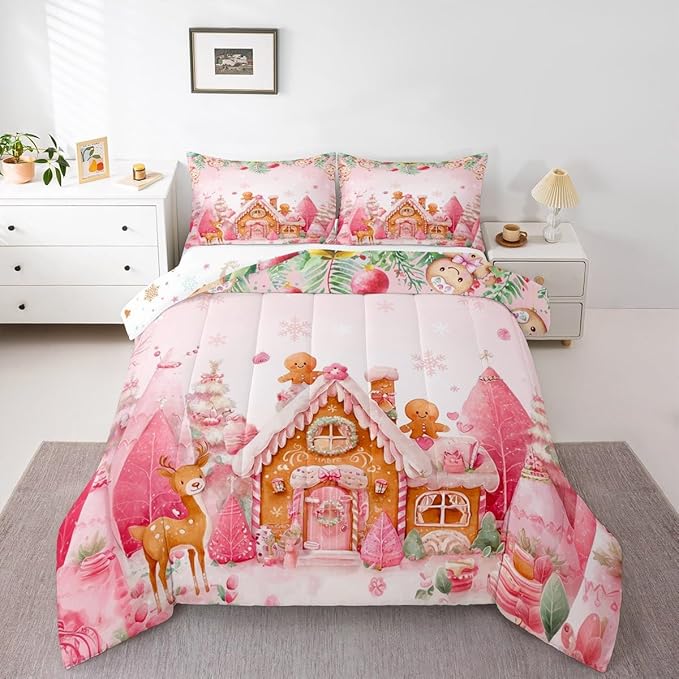 jejeloiu Kids Christmas Theme Comforter Set Twin Size Cute Deer Gingerbread Man Bedding Set for Boys Girls Teens Pink Xmas Tree Candy House Winter Snowflake Duvet Quilt Room Decor