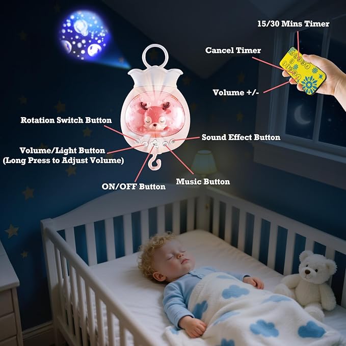 Crib Mobiles for Babies with Music, Rotatable Baby Mobile for Crib with Projection, Timing Function and Baby Rattles Toy, Baby Crib Toys Hanging for Boys Girls 0-12 Months (Pink)
